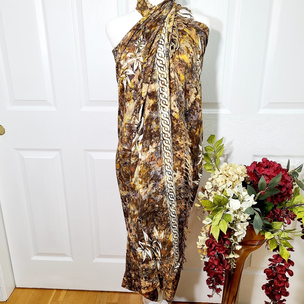 Brown Tropical Flowers Scarf With Tassels 62"x45" Wrap Shawl